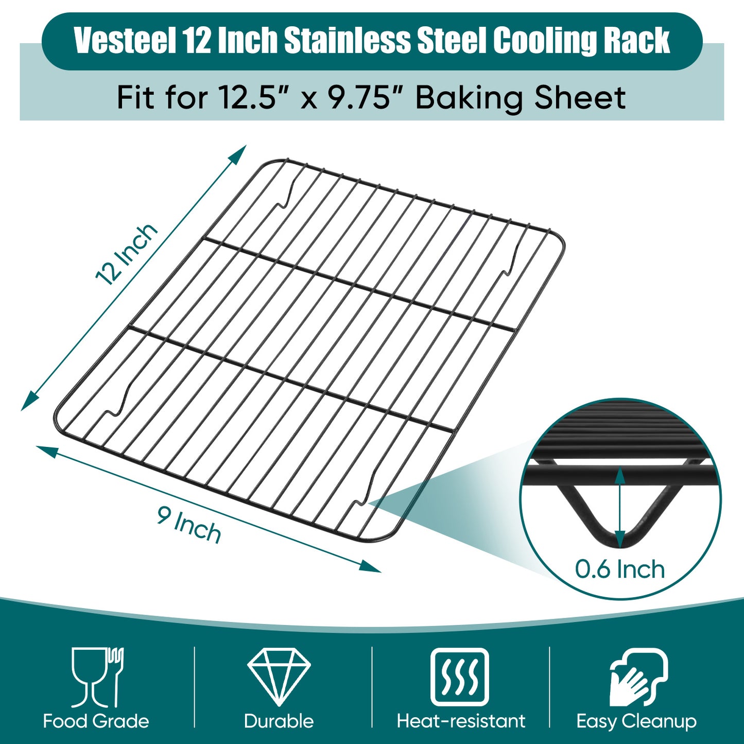 Vesteel 2-Pack Cooling Racks, Nonstick Stainless Steel Baking Racks for Baking, Roasting, Cooling, Grilling - 12” x 9”