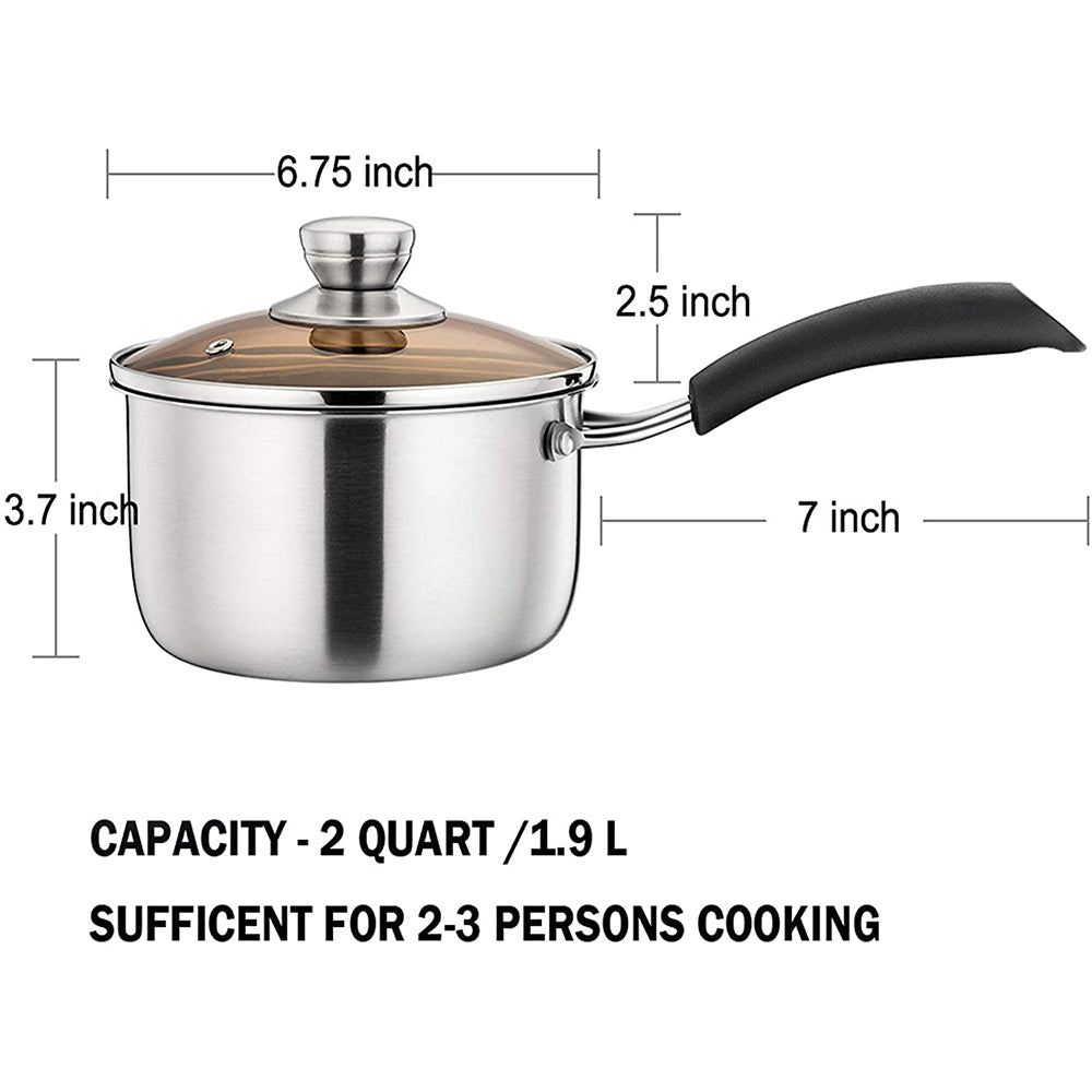 VeSteel 2QT Saucepan, Stainless Steel 2 Quart Saucepan with Lid, Multipurpose Sauce Pan for Kitchen Restaurant Cooking, Visible Glass lid & Heat-Proof Handles, Rust Resistant & Dishwasher Safe