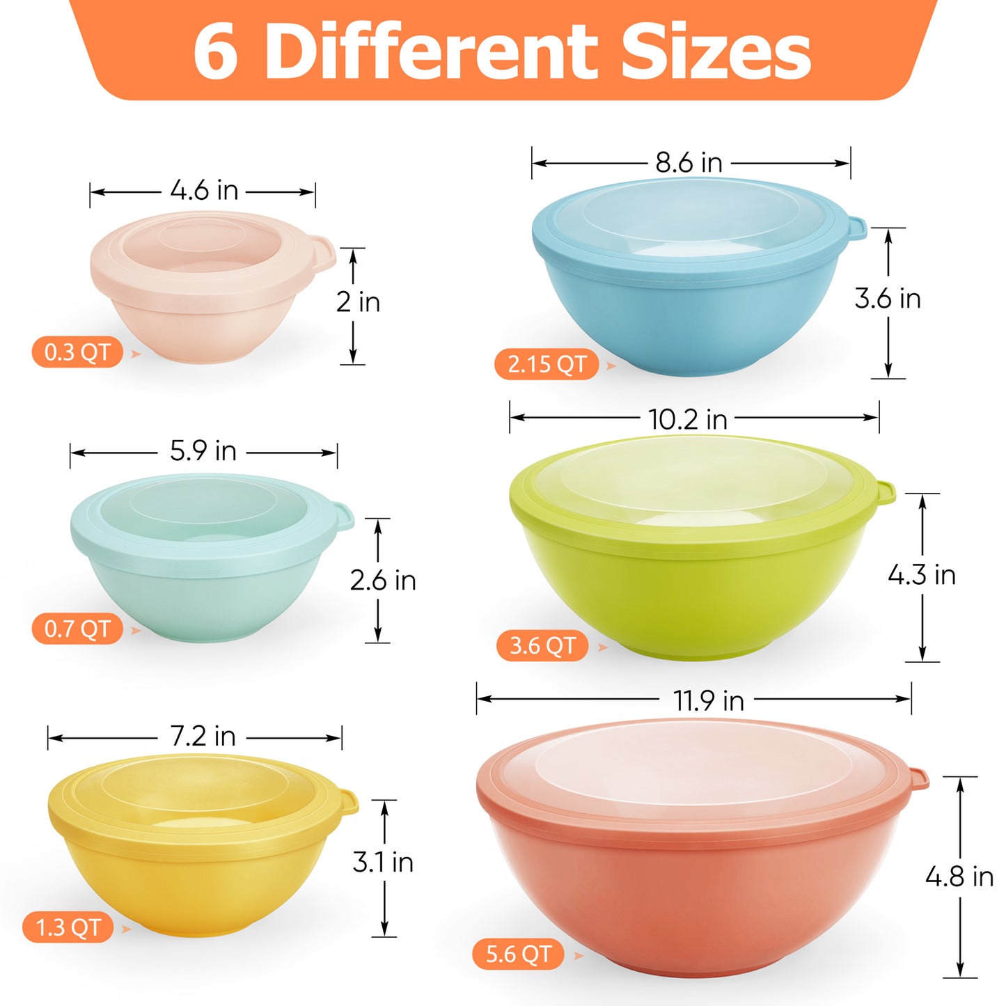 Vesteel 6Pcs Mixing Bowl Set with Lids, Plastic Nesting Bowls for Mixing, Storage, Kitchen Prepping, Serving Food, Microwave & Dishwasher Safe - Multi-Color