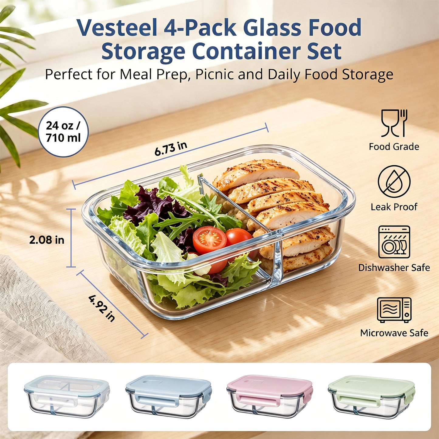 Vesteel 4 Pack Glass Meal Prep Containers, Lunch Bento Boxes with Snap Locking Lid, 24 oz/710 ml Food Storage Containers with 2 Compartments, Oven, Freezer, Microwave & Dishwasher Safe