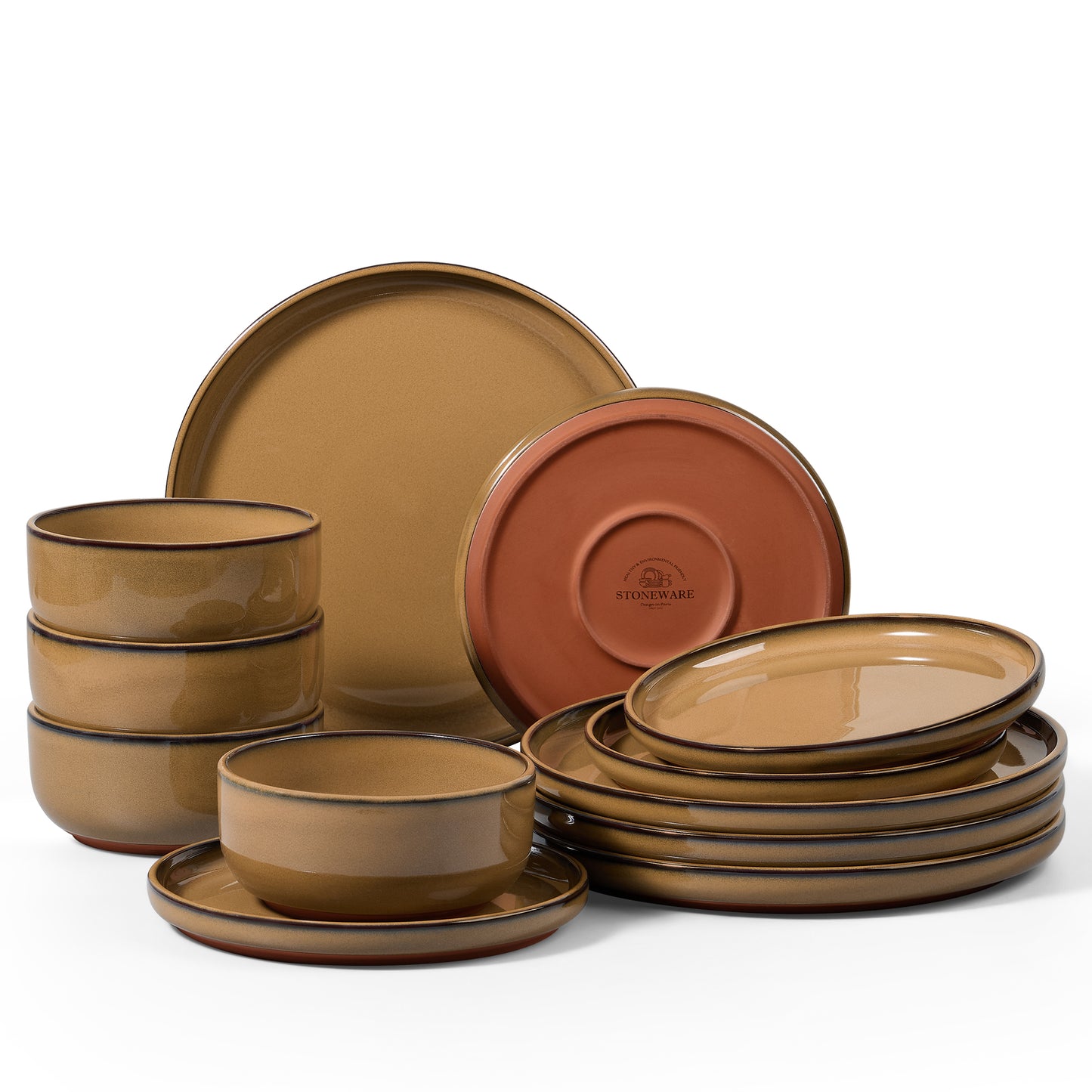 Vesteel 12-Piece Dinnerware Set, Ceramic Plates and Bowls Set for 4, Reactive Glaze Tableware Set with Purple Clay Base for Home, Chip & Scratch Resistant Stoneware, Brown Yellow