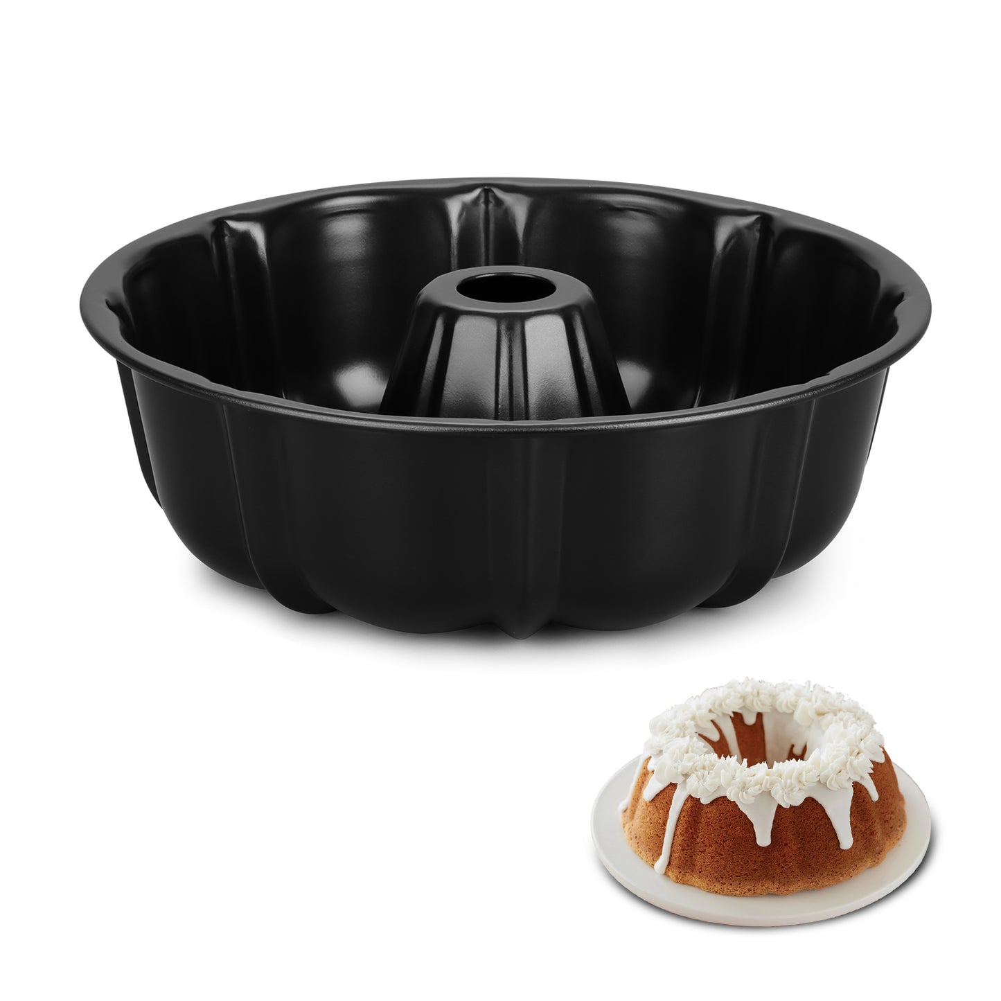 Vesteel 10 inch Bundt Cake Pan, Non-Stick Pan for Baking Brownie Flan Meatloaf, Carbon Steel Bakeware with Tube for Birthday Wedding Christmas Events, Heavy Duty & Durable - Black