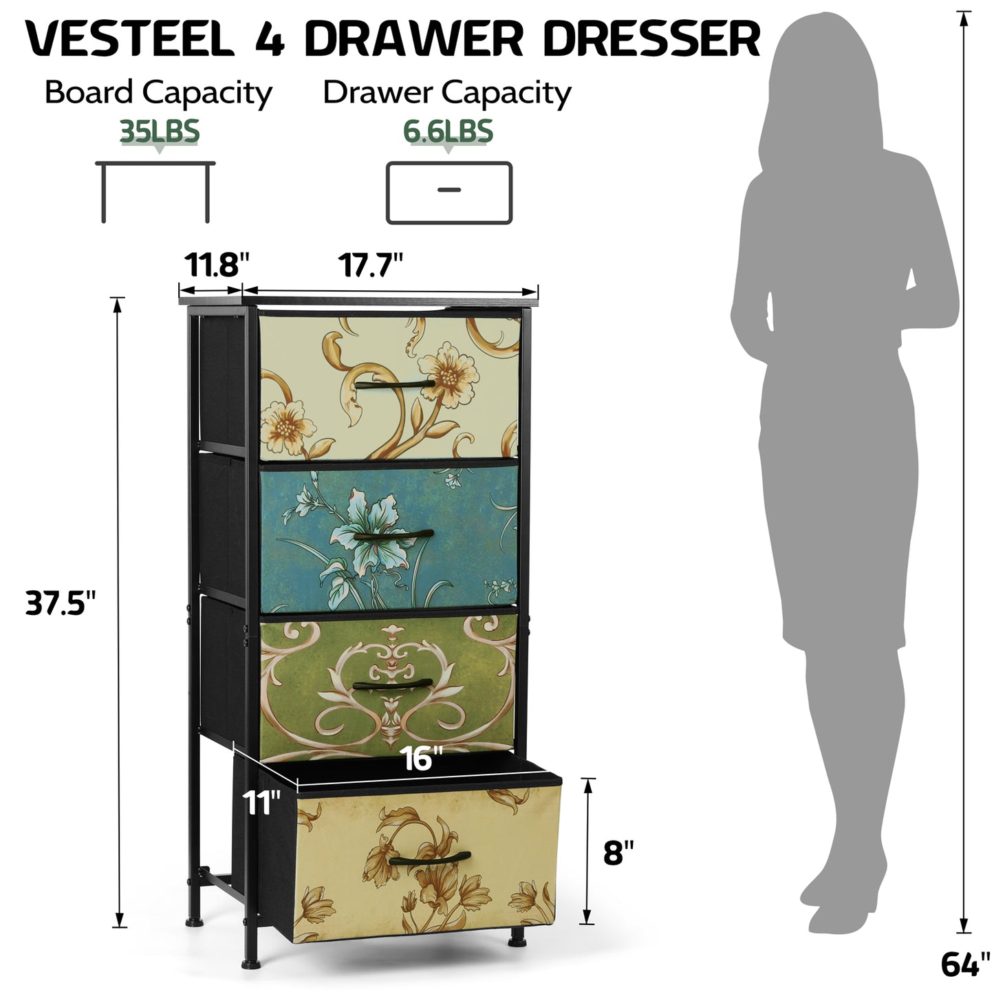 4 Drawers Dresser for Bedroom, Vesteel Fabric Chest of Drawers Tall Storage Tower with Wood Top and Sturdy Steel Frame, Storage Organizer Unit for Closet, Living Room, Hallway - Retro Floral