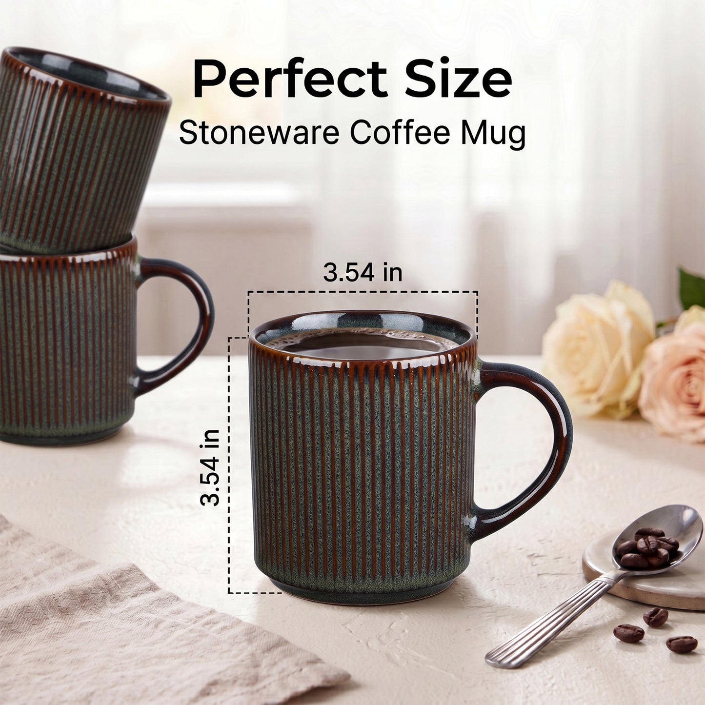 Onader 4-Pieces Coffee Mugs Set, Water Cups with Large Handle, 12 oz Ceramic Mugs Suitable for Tea Milk Latte, Stain-Resistant & Microwave Safe, Blackish Green