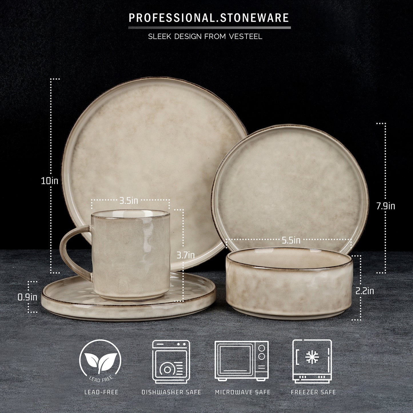 Vesteel 16-Piece Dinnerware Sets, Stoneware Dish and Bowls Set for 4, Handmade Reactive Glaze Coupe Plates Set, Chip & Scratch Resistant - Khaki