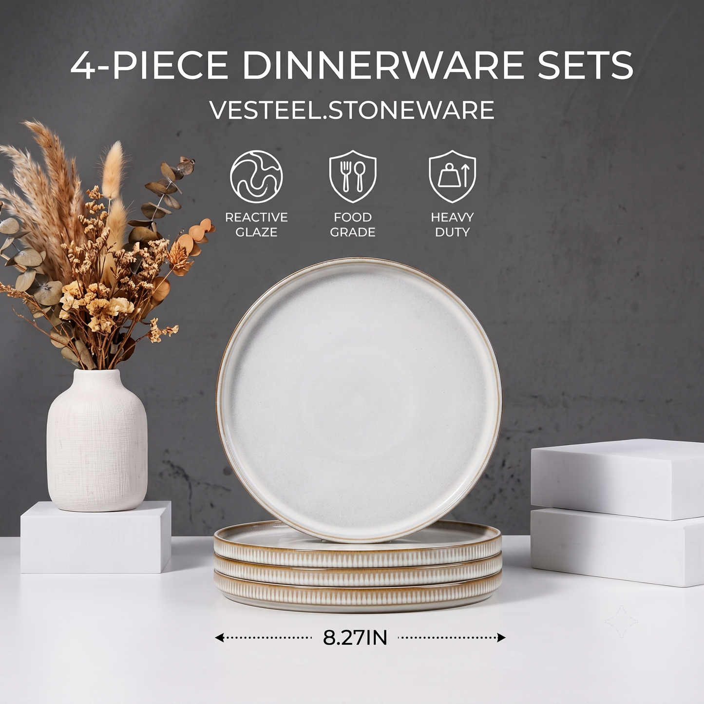 Vesteel Salad Plate for 4, 8 inch Stoneware Dinner plates with Textured Stripes, 4-Piece Ceramic Kitchen Plates for Dessert Salad, Dishwasher Safe & Microwave Safe, Seashell White