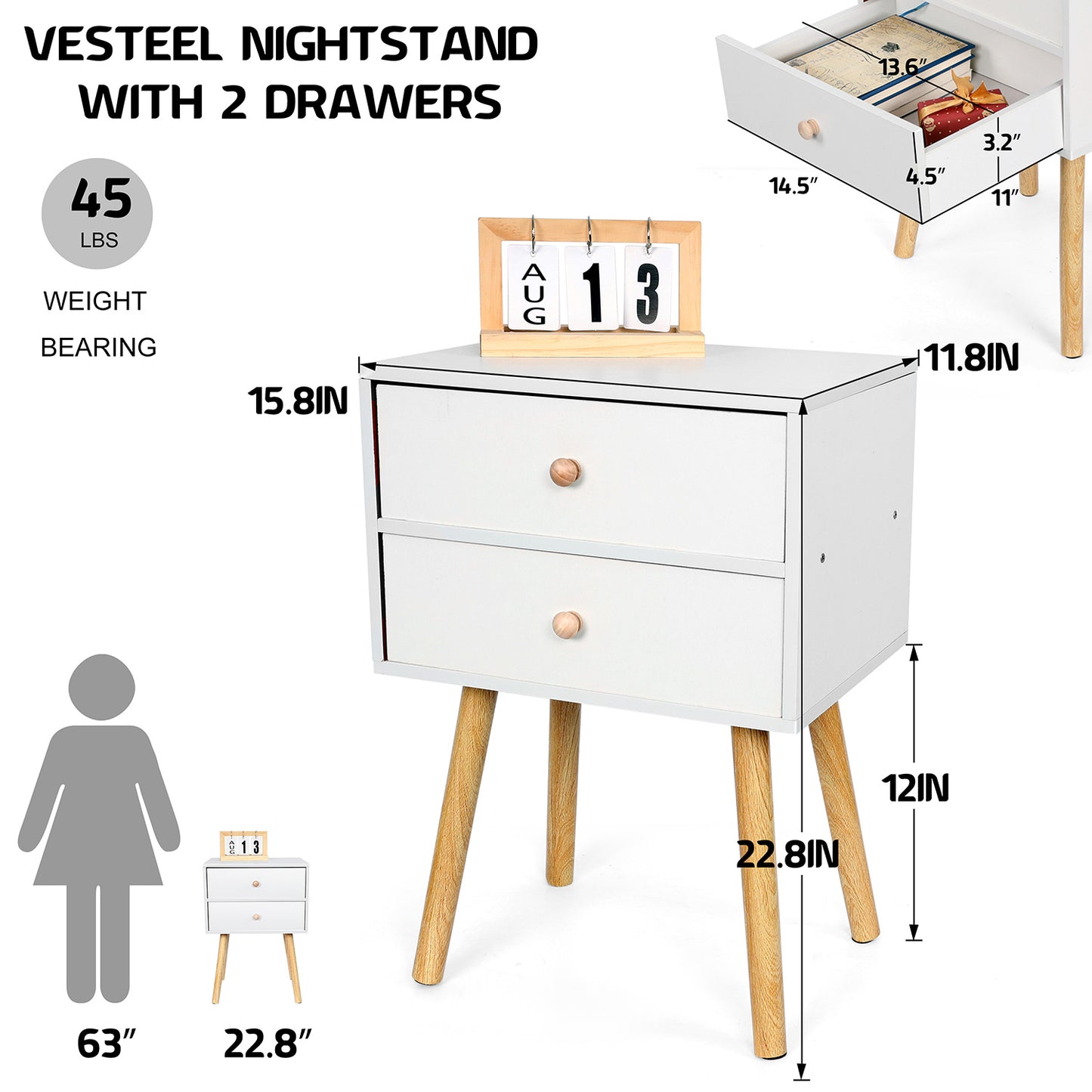 Vesteel 2 Drawer Nightstand, Modern End Table with 2 Drawers, White Bedside Furniture Dresser for Bedroom, Living Room