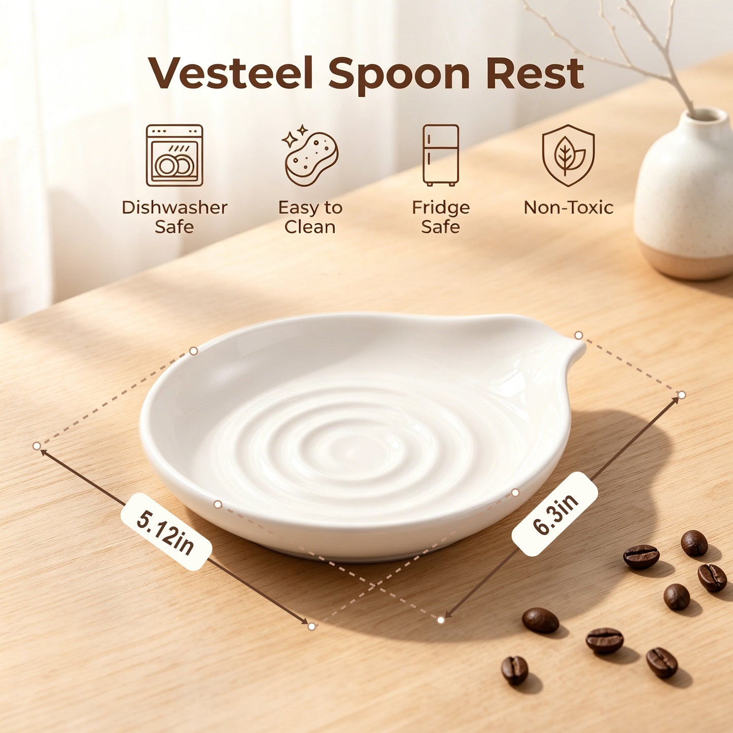 Vesteel Ceramic Spoon Rest, 5.1 inch Kitchen Teardrop Spoon Holder for Countertop, Utensil Rest for Spatula Ladle Tongs, Stove Top Spoon Tray, Heat-Resistant & Dishwasher Safe, Ivory White