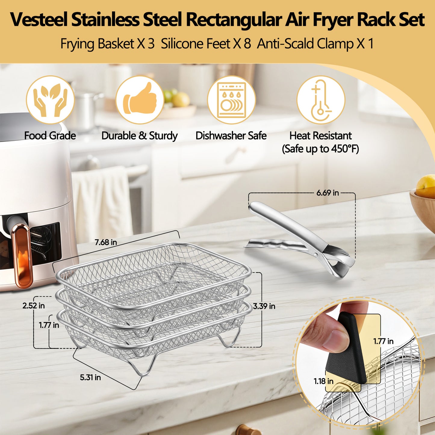 Vesteel Stainless Steel Air Fryer Racks, 3-Layer 7.7’’ x 5.3” Frying Basket Accessories, Stackable Rectangular Dehydrator Racks for Baking Roasting, Includes Silicon Feet & Clip, Dishwasher Safe