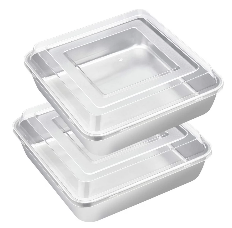 8 inch Square Cake Pan with Lid, Vesteel Non-Stick Stainless Steel Rectangle Brownies Baking Pan Set of 4, Non-Toxic & Warp Resistant, Rust Free & Dishwasher Safe (2 Pans + 2 Lids)