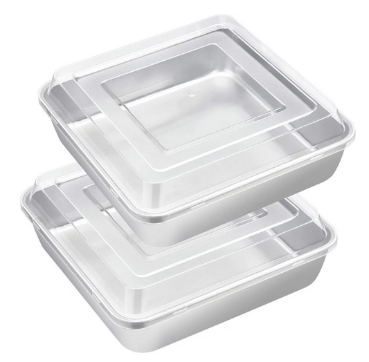 8 inch Square Cake Pan with Lid, Vesteel Non-Stick Stainless Steel Rectangle Brownies Baking Pan Set of 4, Non-Toxic & Warp Resistant, Rust Free & Dishwasher Safe (2 Pans + 2 Lids)