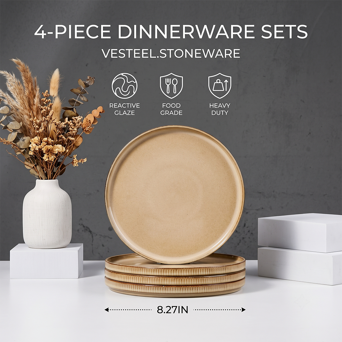 Vesteel Salad Plate for 4, 8 inch Stoneware Dinner plates with Textured Stripes, 4-Piece Ceramic Kitchen Plates for Dessert Salad, Dishwasher Safe & Microwave Safe, Khaki