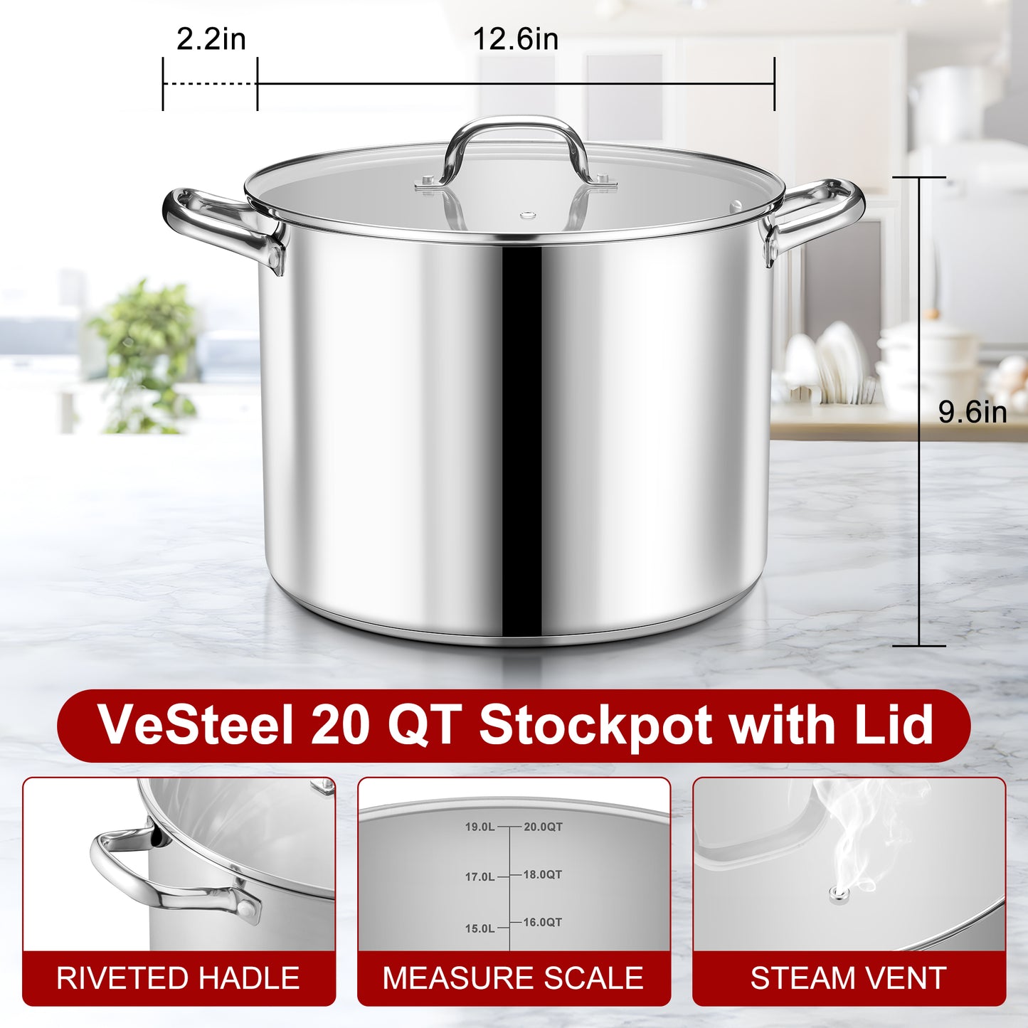 Vesteel 20 QT Stock Pot with Lid, 3 Tri-ply Stainless Steel Cooking Pot for Induction Gas Electric Stove, Big Stockpot for Cooking Soup Spaghetti, Dishwasher Safe