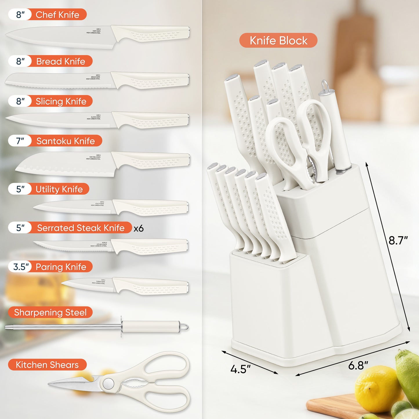 Vesteel Knife Block Set for Kitchen, 15-Piece High Carbon Stainless Steel Knives Set with Ergonomic Handle, Ultra-sharp & Rust Resistant, White