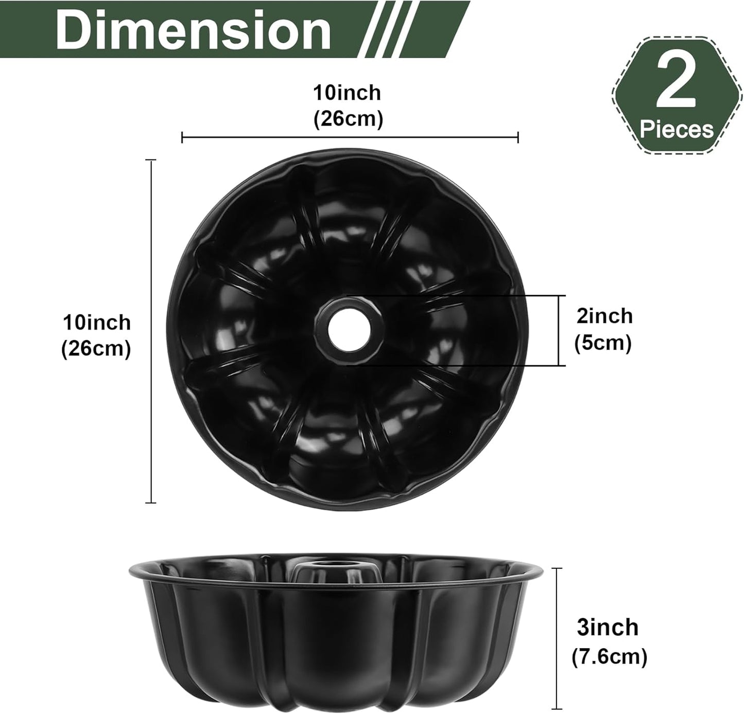 Vesteel 2 Pack Bundt Cake Pan Nonstick, 10 Inch Fluted Cake Pans for Baking, 10 Cups Heavy Duty Carbon Steel Tube Round Cake Mold for Jello, Brownie, Pumpkin Bread, Durable & Easy Release, Black