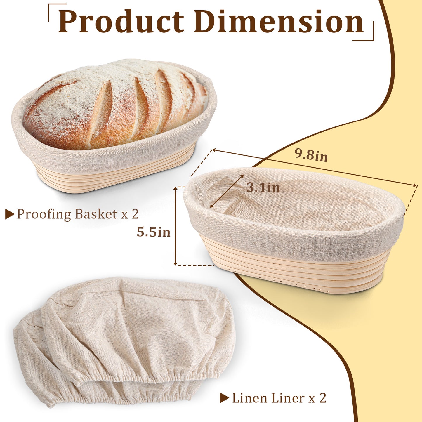 Vesteel Bread Proofing Basket Set of 2, 10” Oval Banneton Bread Baking Baskets with Liner, Baking Supplies Tools Included for Fermenting Baking Dough