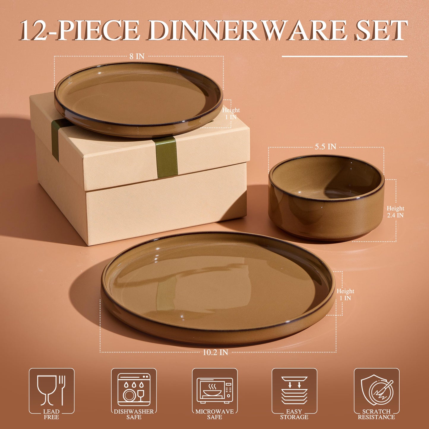 Vesteel 12-Piece Dinnerware Set, Ceramic Tableware Reactive Glaze Plates and Bowls Sets, Healthy Yixing Purple Clay Dishes Set, Dishwasher & Microwave Safe - Caramel