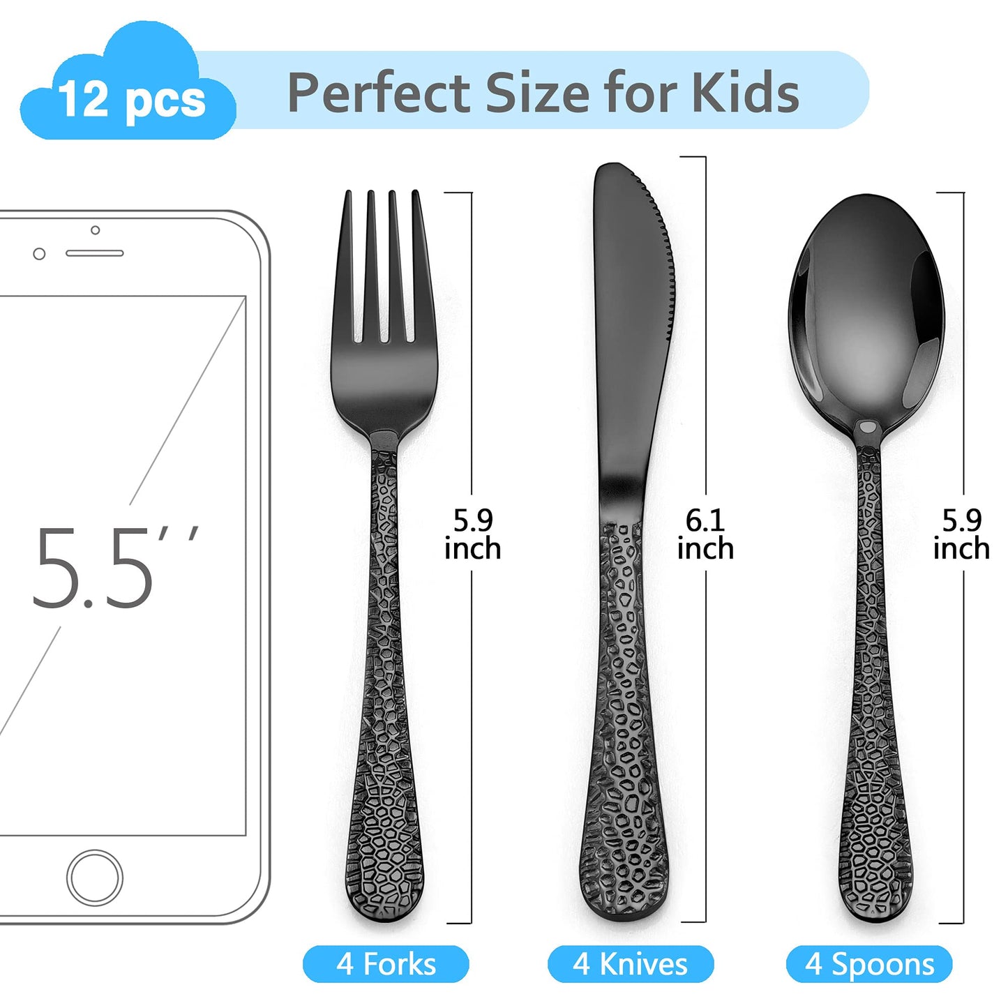 Vesteel 12-Piece Kids Black Silverware Set, Stainless Steel Preschooler Eating Flatware Utensils, Hammered Metal Cutlery Set for Children