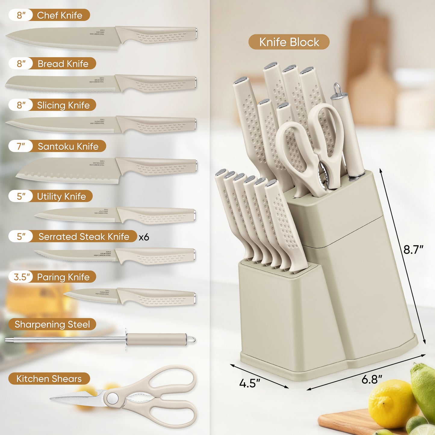Vesteel Knife Block Set for Kitchen, 15-Piece High Carbon Stainless Steel Knives Set with Ergonomic Handle, Ultra-sharp & Rust Resistant, Khaki