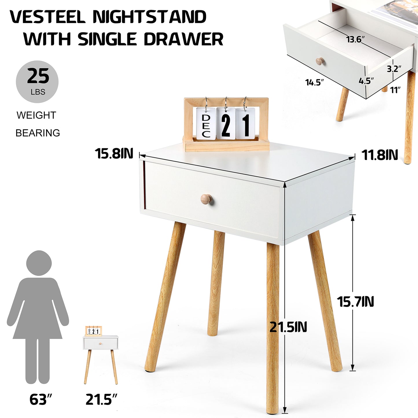 Vesteel Nightstands Set of 2, Modern End Table with Drawer, White Bedside Furniture Dresser for Bedroom, Living Room