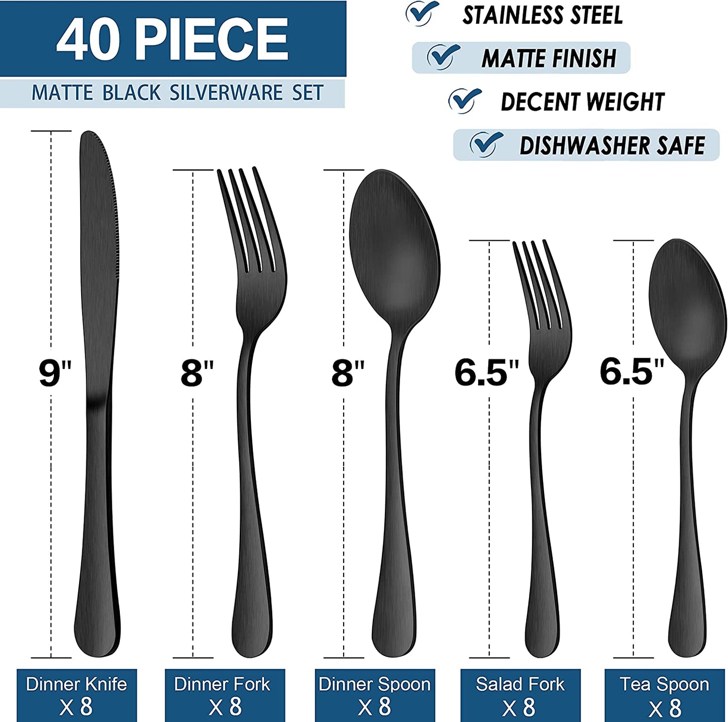 Vesteel 40 Piece Matte Black Silverware Set, Stainless Steel Black Flatware Cutlery Set for 8, Fancy Kitchen Utensil Tableware Set - Satin Finish