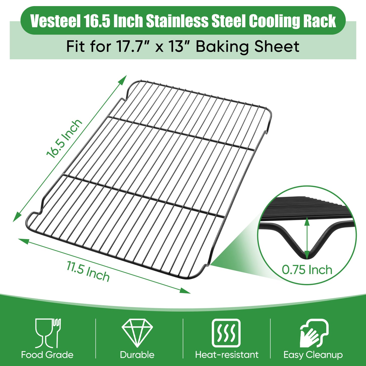 Vesteel 2-Pack Cooling Racks, Nonstick Stainless Steel Baking Racks for Baking, Roasting, Cooling, Grilling - 16.5” x 11.5”