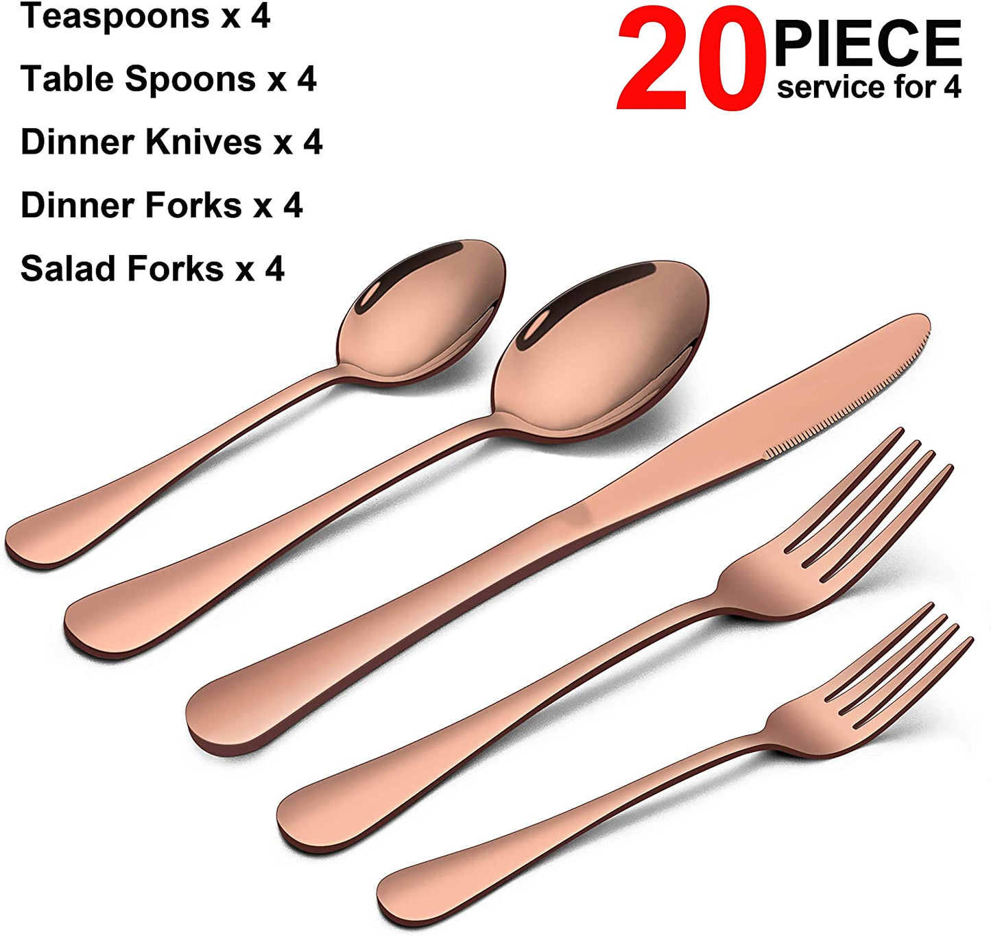 VeSteel 20 Piece Copper Silverware Flatware Set for 4, Stainless Steel Eating Utensils Cutlery Tableware Includes Knives/Spoons/Forks