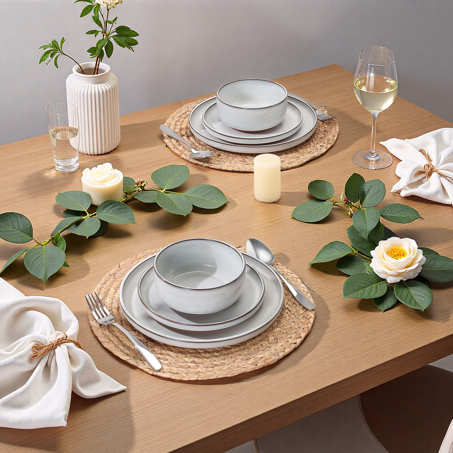 Onader Dinnerware Sets for 4, 12 Pieces Reactive Glaze Plates and Bowls Sets, Elegant Dishes with Rustic Terracotta Base - Glacier White