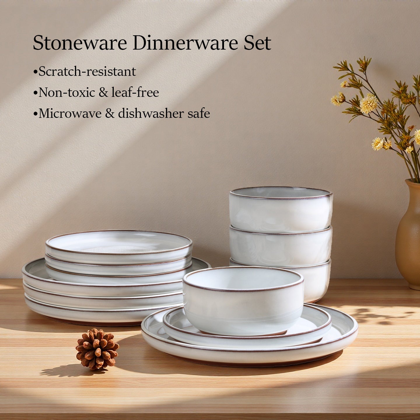 Onader Dinnerware Sets for 4, 12 Pieces Reactive Glaze Plates and Bowls Sets, Elegant Dishes with Rustic Terracotta Base - Glacier White