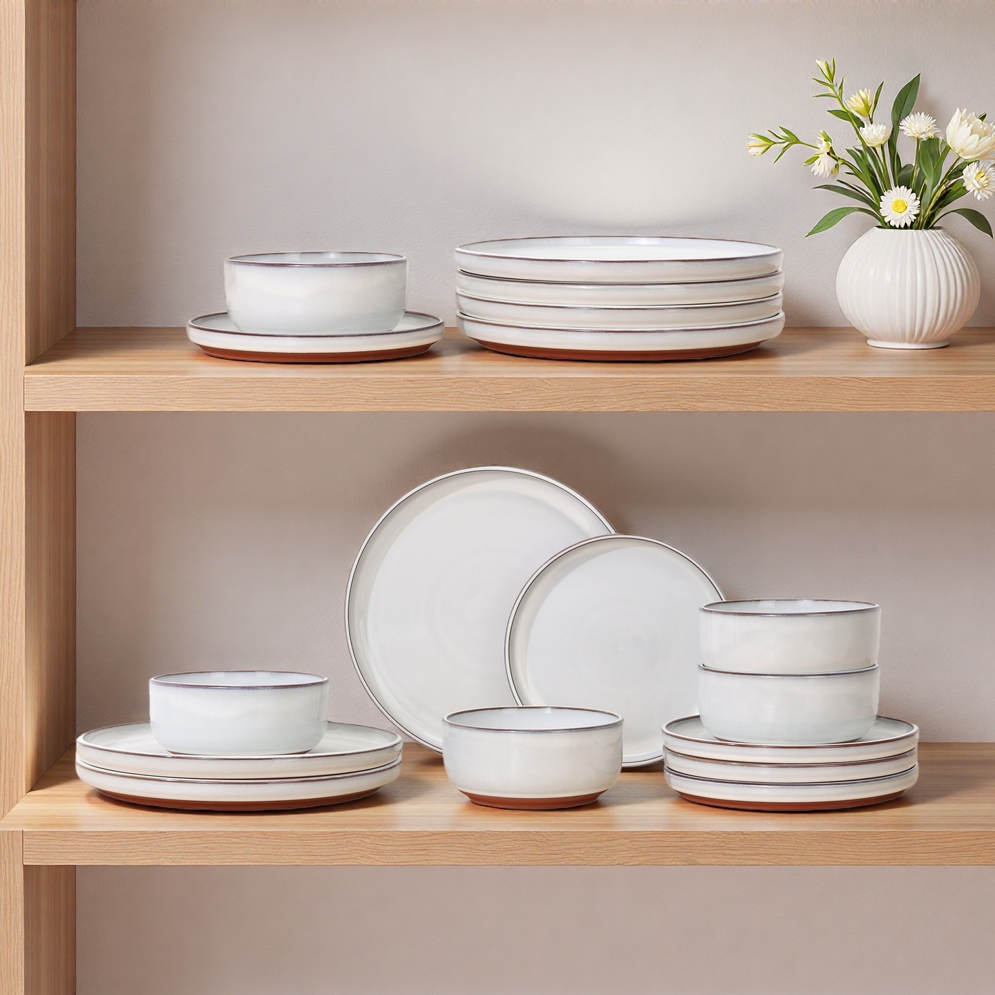 Onader Dinnerware Sets for 4, 12 Pieces Reactive Glaze Plates and Bowls Sets, Elegant Dishes with Rustic Terracotta Base - Glacier White