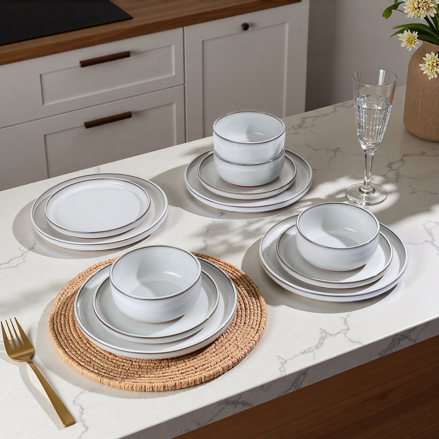Onader Dinnerware Sets for 4, 12 Pieces Reactive Glaze Plates and Bowls Sets, Elegant Dishes with Rustic Terracotta Base - Glacier White