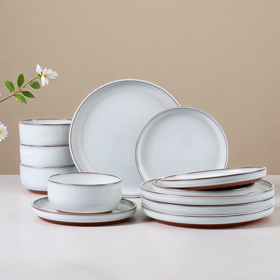 Onader Dinnerware Sets for 4, 12 Pieces Reactive Glaze Plates and Bowls Sets, Elegant Dishes with Rustic Terracotta Base - Glacier White
