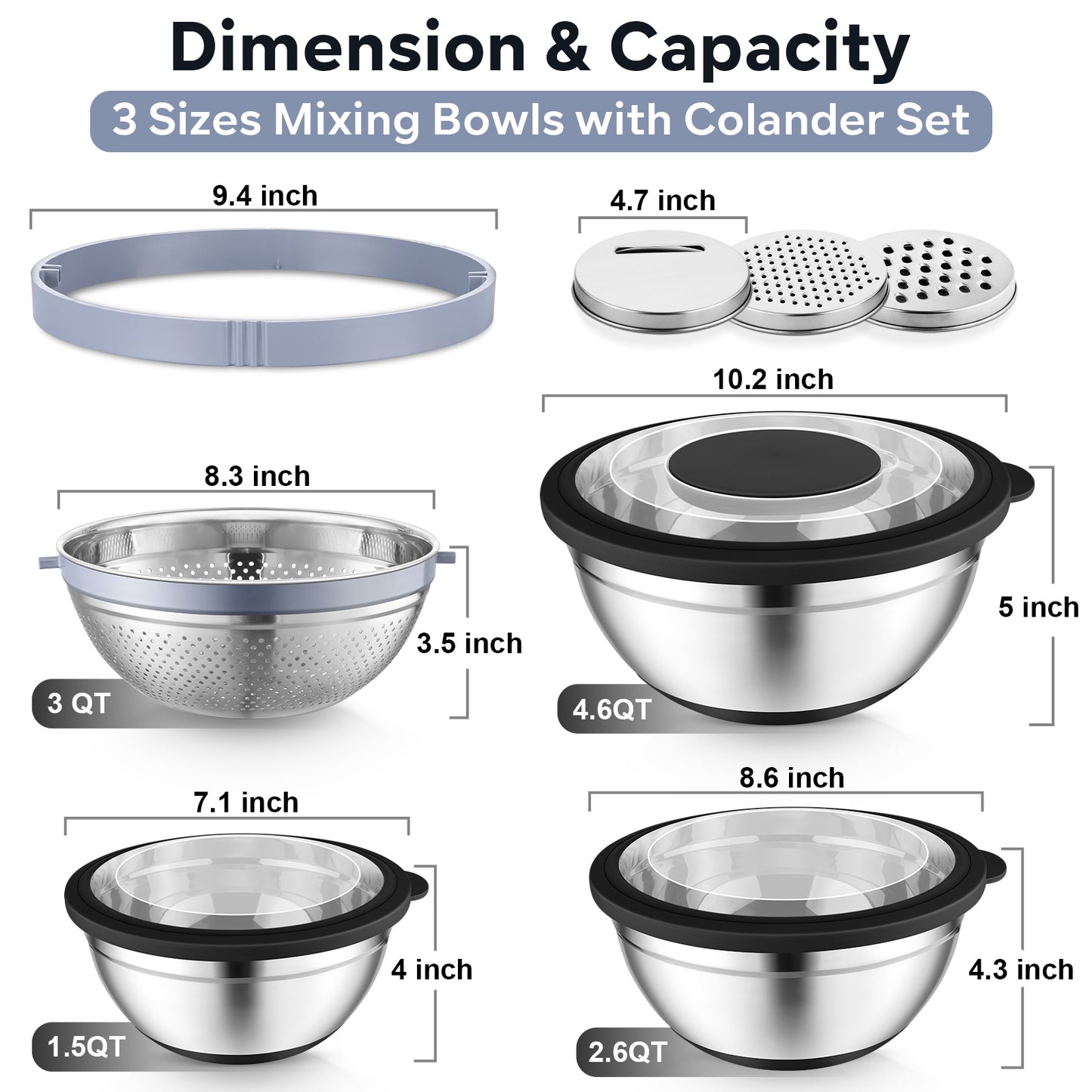 Vesteel Mixing Bowls with Lids Set of 7, Stainless Steel Nesting Bowls with Colander and 3 Graters for Draining Prepping Slicing, Nonslip Bottoms & Airtight Lid, Size 4.6, 2.6, 1.5 Qt, Black