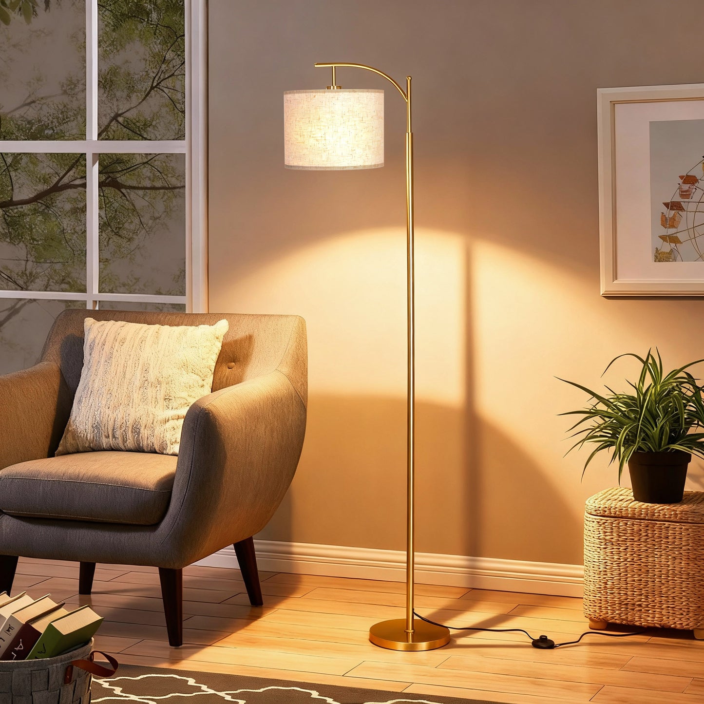 Vesteel Floor Lamp, Standing Lamp with 3 Color Temperatures & Linen Lampshade, Arch Farmhouse Lamp for Living Room Bedroom Office