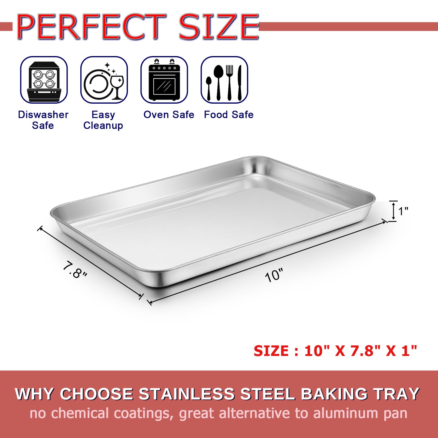 Vesteel Baking Cookie Sheet Set of 3, Stainless Steel Rectangle Baking Pan Oven Tray - 10 x 8 x 1 inches