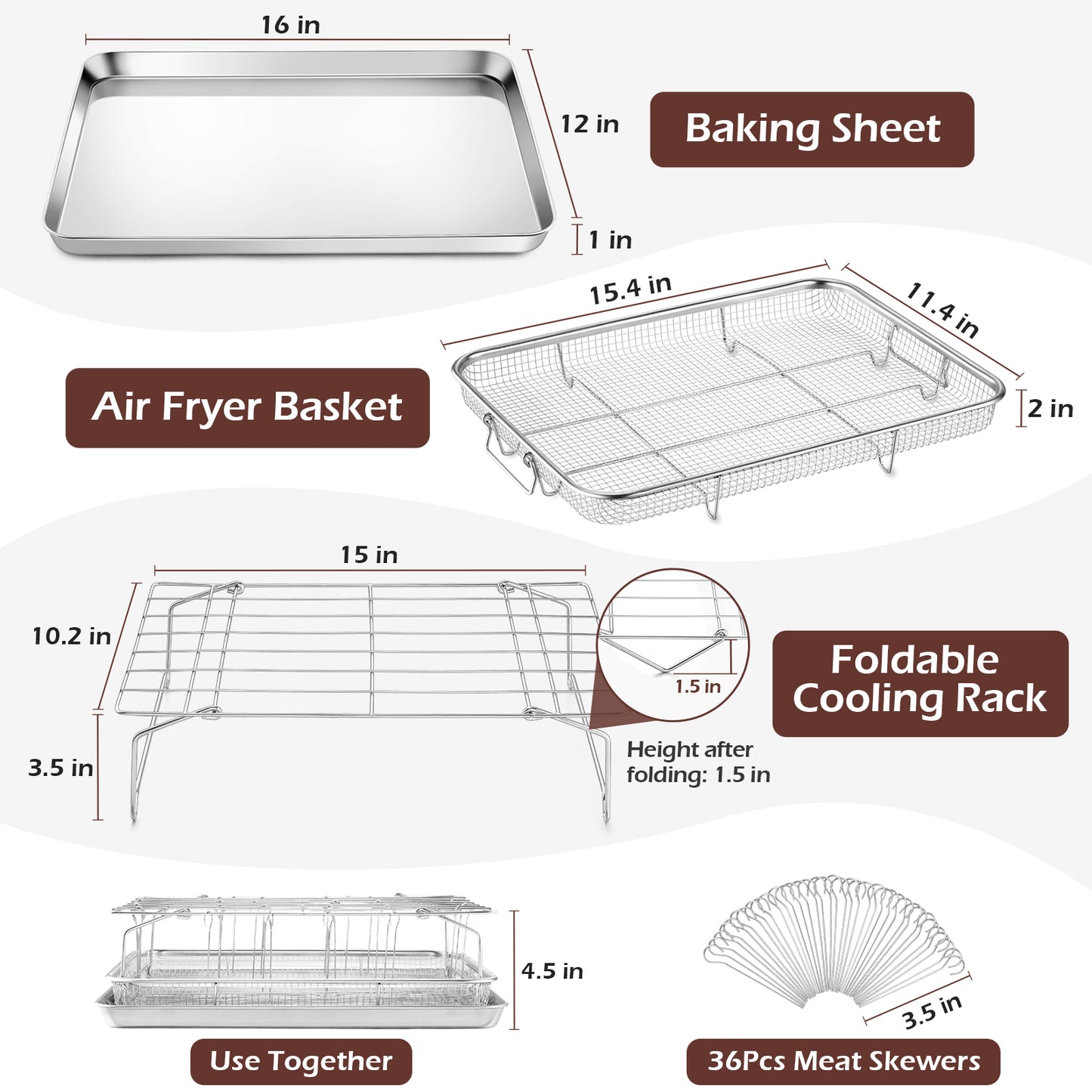 Vesteel 16 inch Air Fryer Pan with Basket Set of 4, Stainless Steel Air Fryer Grill Skewer Rack and 36Pcs Meat Skewers for Baking, Roasting, and Healthy Cooking, Dishwasher Safe