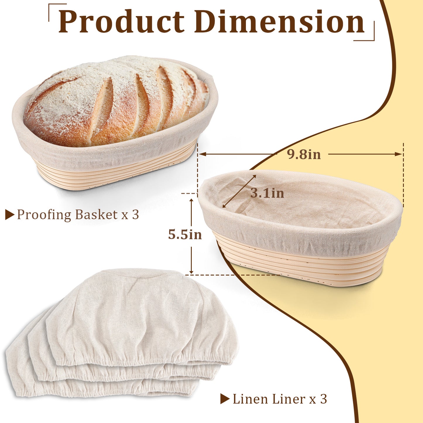 Vesteel Bread Proofing Basket Set of 3, 10” Oval Banneton Bread Baking Baskets with Liner, Baking Supplies Tools Included for Fermenting Baking Dough