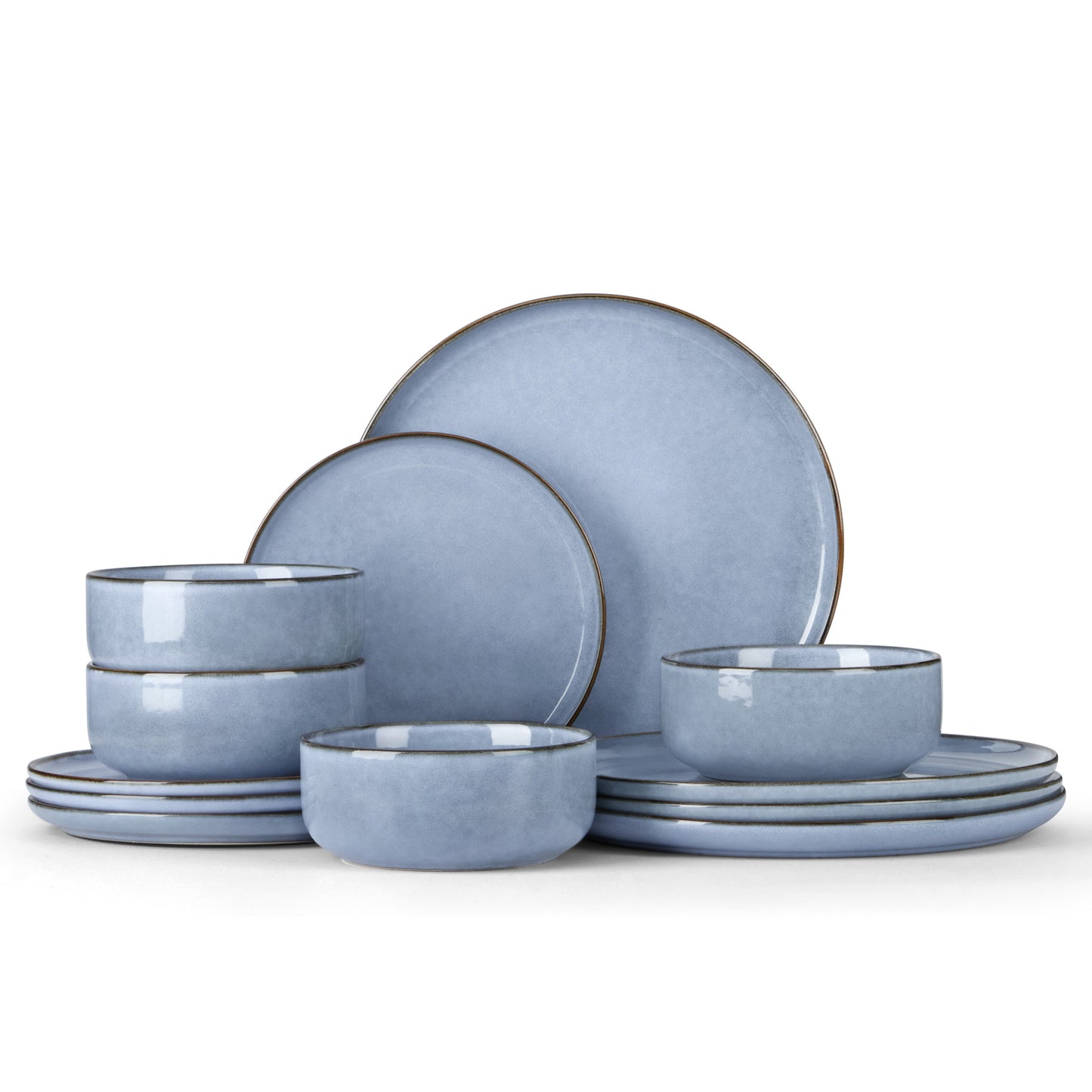 Vesteel Dinnerware Sets for 4, 12-Piece Stoneware Dish and Bowls Set, Handmade Reactive Glaze Coupe Plates Set, Chip & Scratch Resistant - Uranus Blue