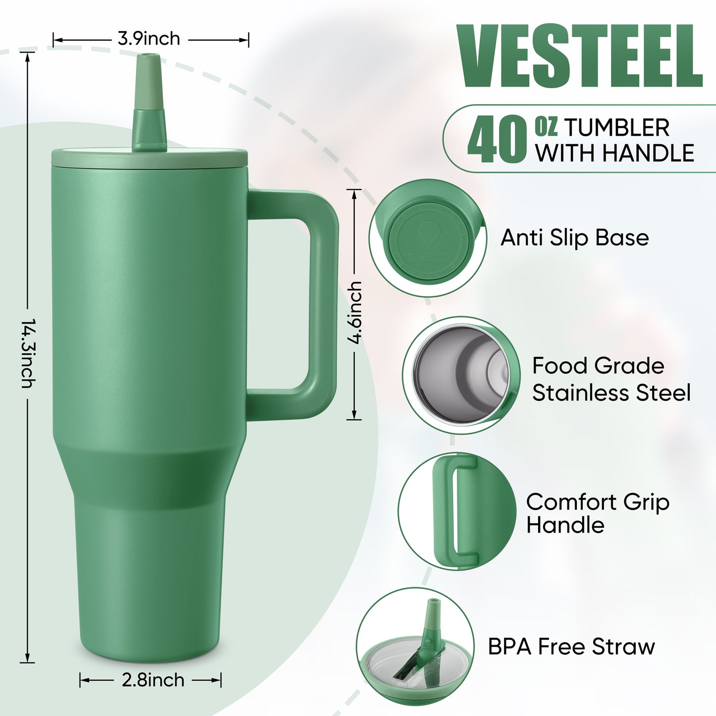 Vesteel 40 oz Stainless Steel Tumbler with Handle & Straw Lid, Vacuum Insulated Travel Mug, Leak Resistant Water Bottle for Water Ice Tea Coffee and Beverages, Gifts for Festival, Sage