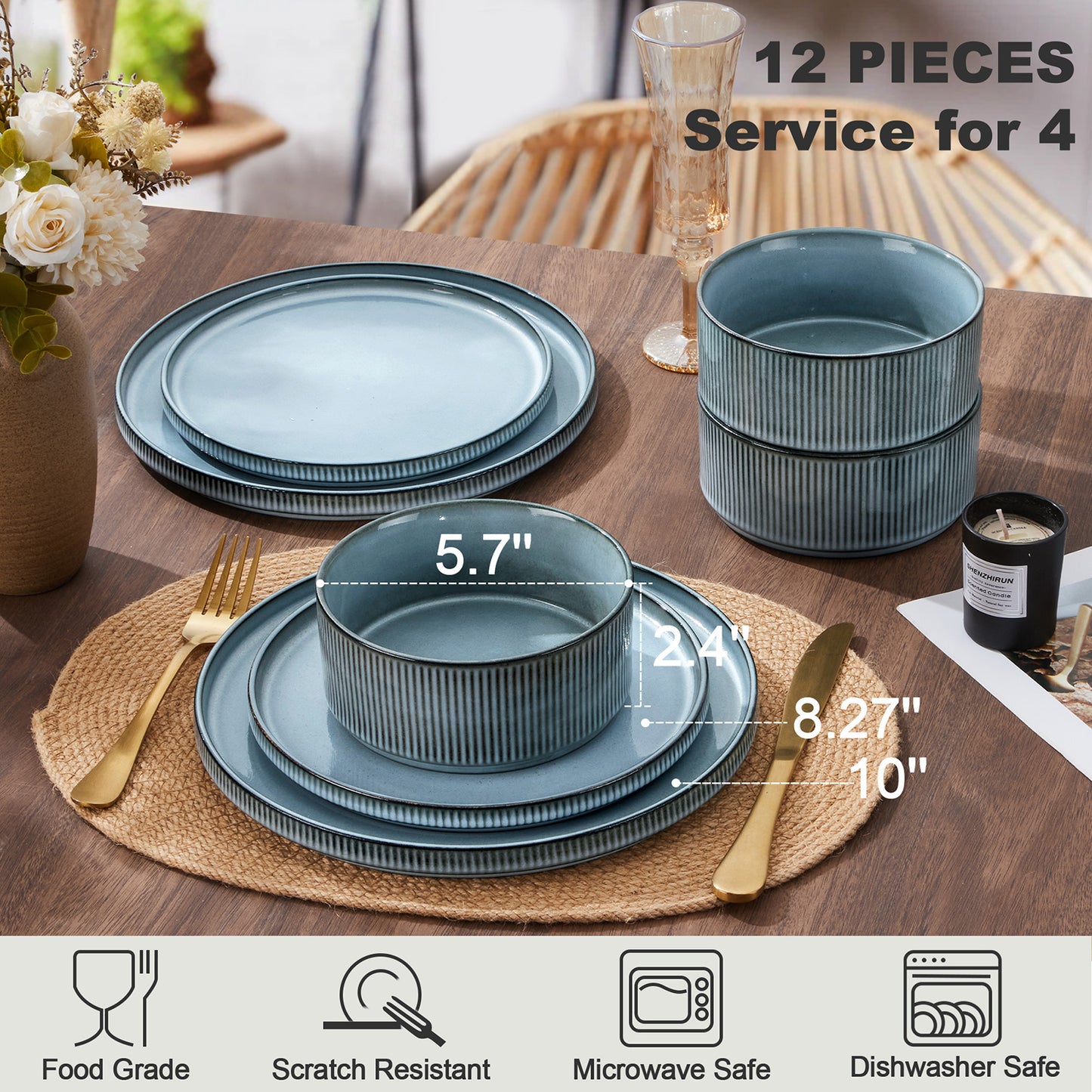 Vesteel Dinnerware Set for 4, 12-Piece Premium Stoneware Ribbed Dishes with Reactive Glaze, Chip & Scratch Resistant Plates and Bowls Set for Home Restaurant, Microwave Safe - Smoky Blue