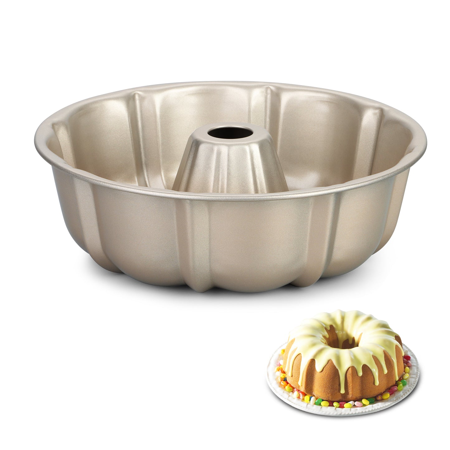 Vesteel 10" Bundt Cake Pan, Non-Stick Pan for Baking Brownie Flan Meatloaf, Carbon Steel Bakeware with Tube for Birthday Wedding Christmas Events, Heavy Duty & Durable - Gold
