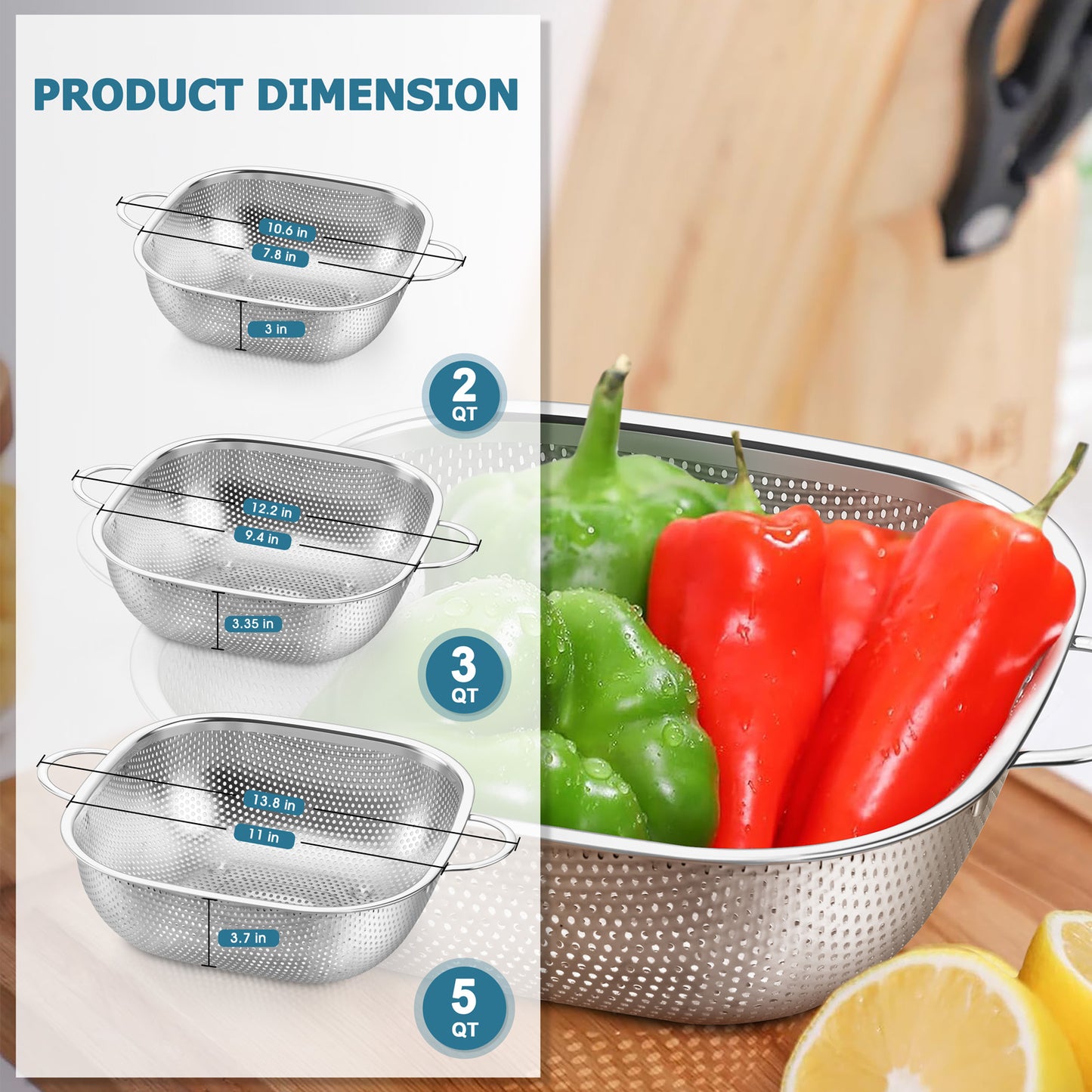 Vesteel Stainless Steel Square Colander Set of 3 (2QT + 3QT + 5QT), Nesting Strainer Baskets with Sturdy Handles, Metal Colanders for Washing, Draining & Rinsing Fruits, Vegetables, Pasta