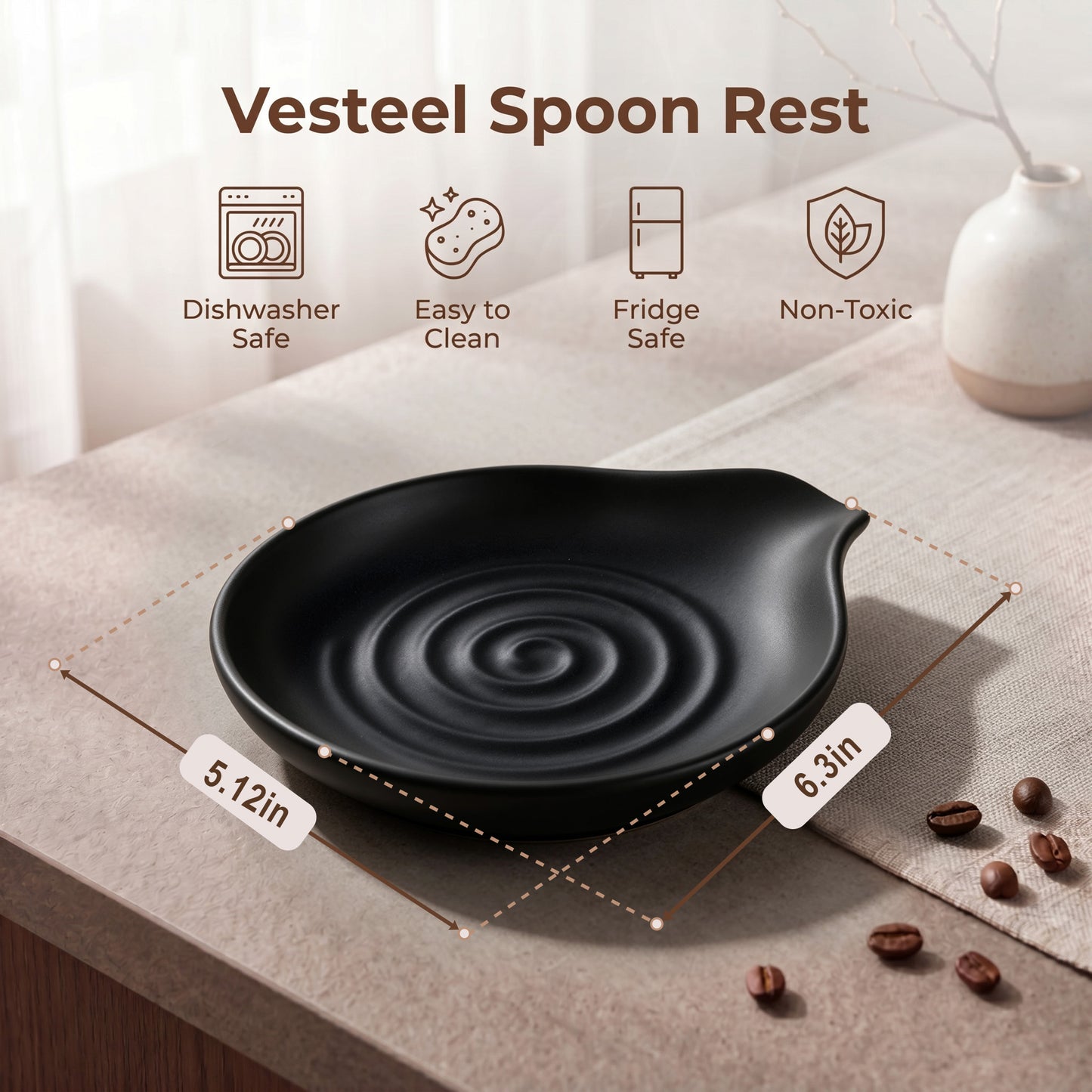 Vesteel Ceramic Spoon Rest, 5.1 inch Kitchen Teardrop Spoon Holder for Countertop, Utensil Rest for Spatula Ladle Tongs, Stove Top Spoon Tray, Heat-Resistant & Dishwasher Safe, Matte Black