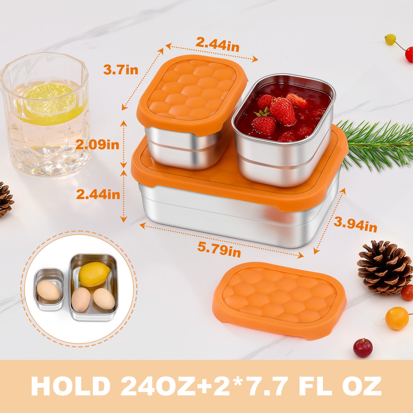 Vesteel Stainless Steel Lunch Container Set, Leak Proof Bento Box with Silicone Lids, Portable Metal Lunch Box for School and Daycare(25OZ + 8OZ*2), Orange