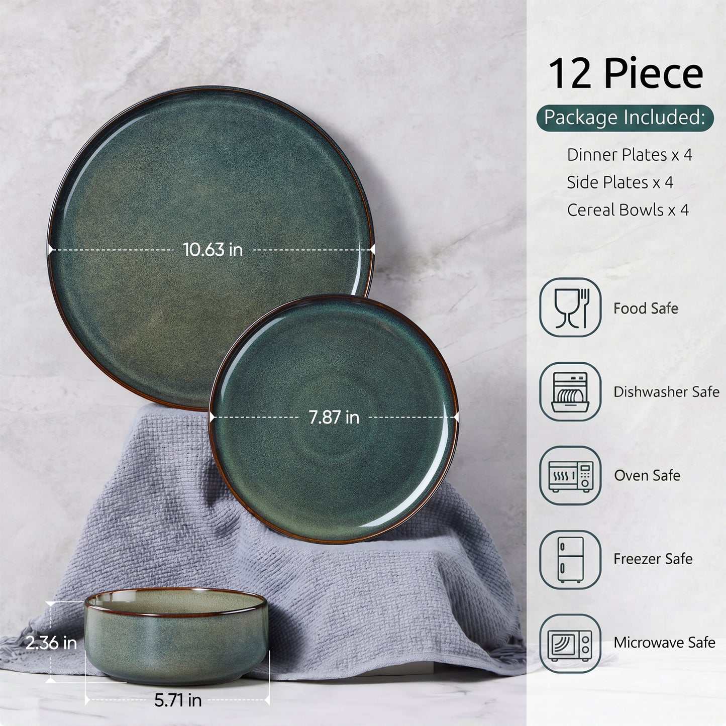 Onader 12 Piece Dinnerware Sets, Plates and Bowls Set for 4, Handmade Stoneware Dishes Sets for Home Restaurant, Dishwasher & Microwave Safe - Blackish Green
