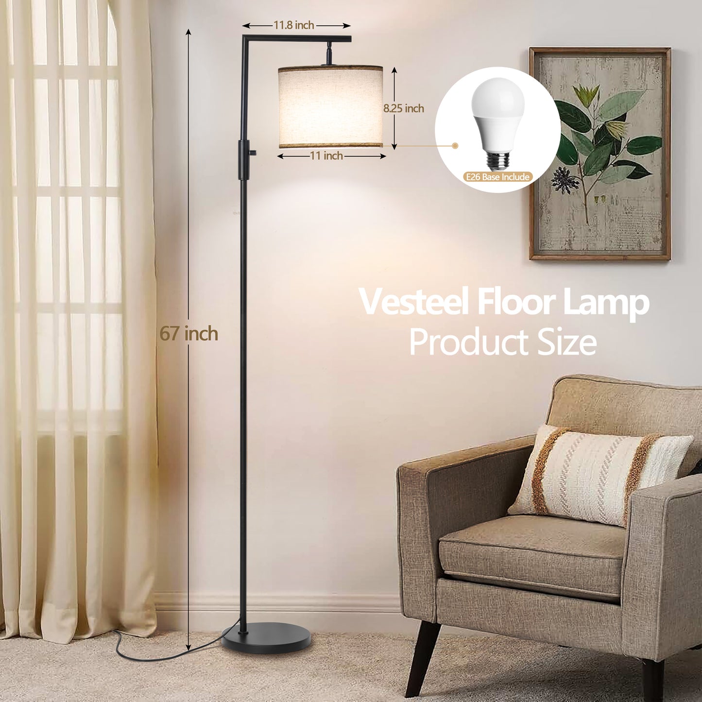 Vesteel Floor Lamp for Living Room, Modern Standing Lamp with 3 Color temperature Bulb & Linen Lampshade, Adjustable Lamp Head for Study Room Bedroom Office