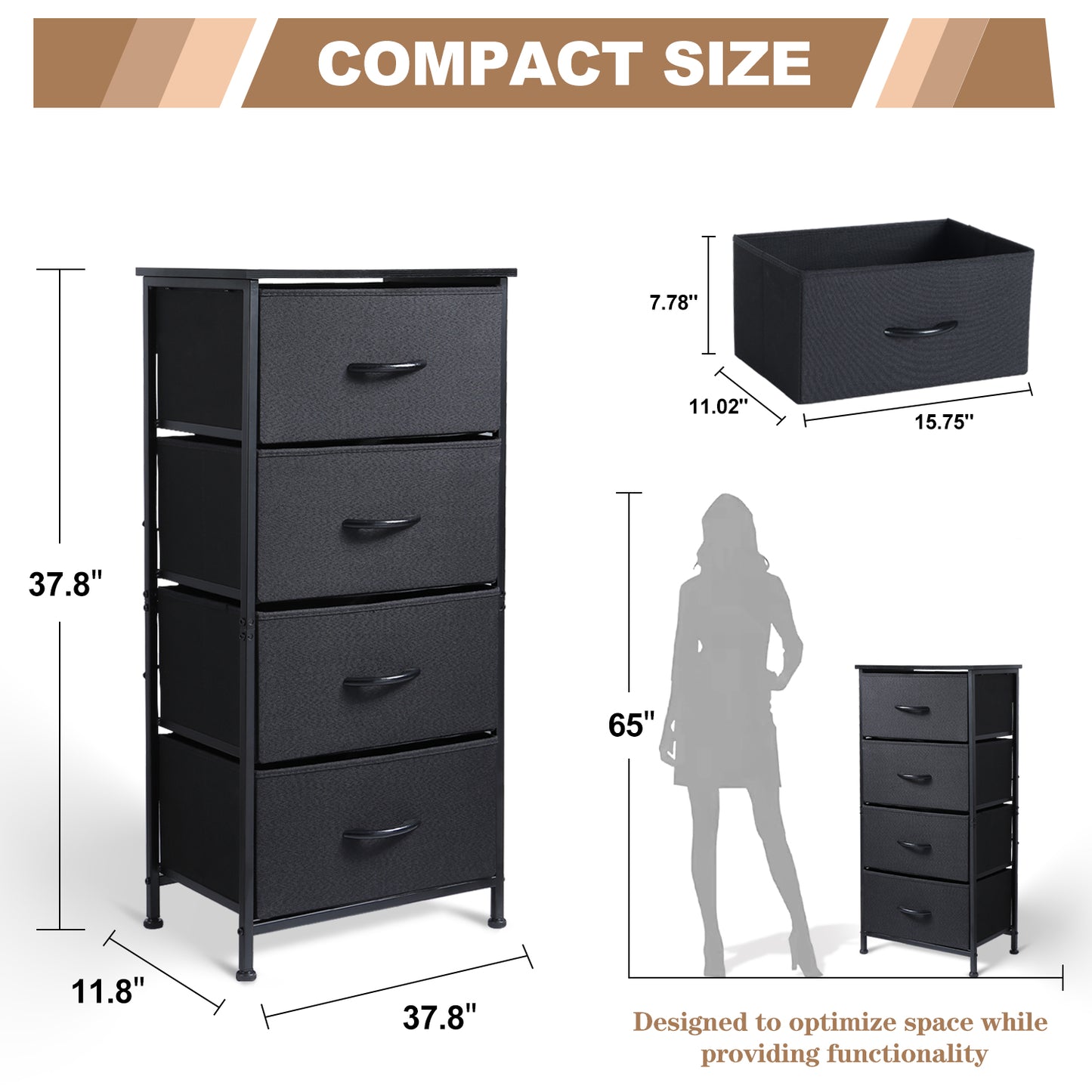 Vesteel Dresser for Bedroom with 4 Drawers, Storage Tower Organizer with Fabric Bins and Wooden Tabletop, Clothes Closet with Sturdy Steel Frame for Living Room, Entryway, Nursery - Black