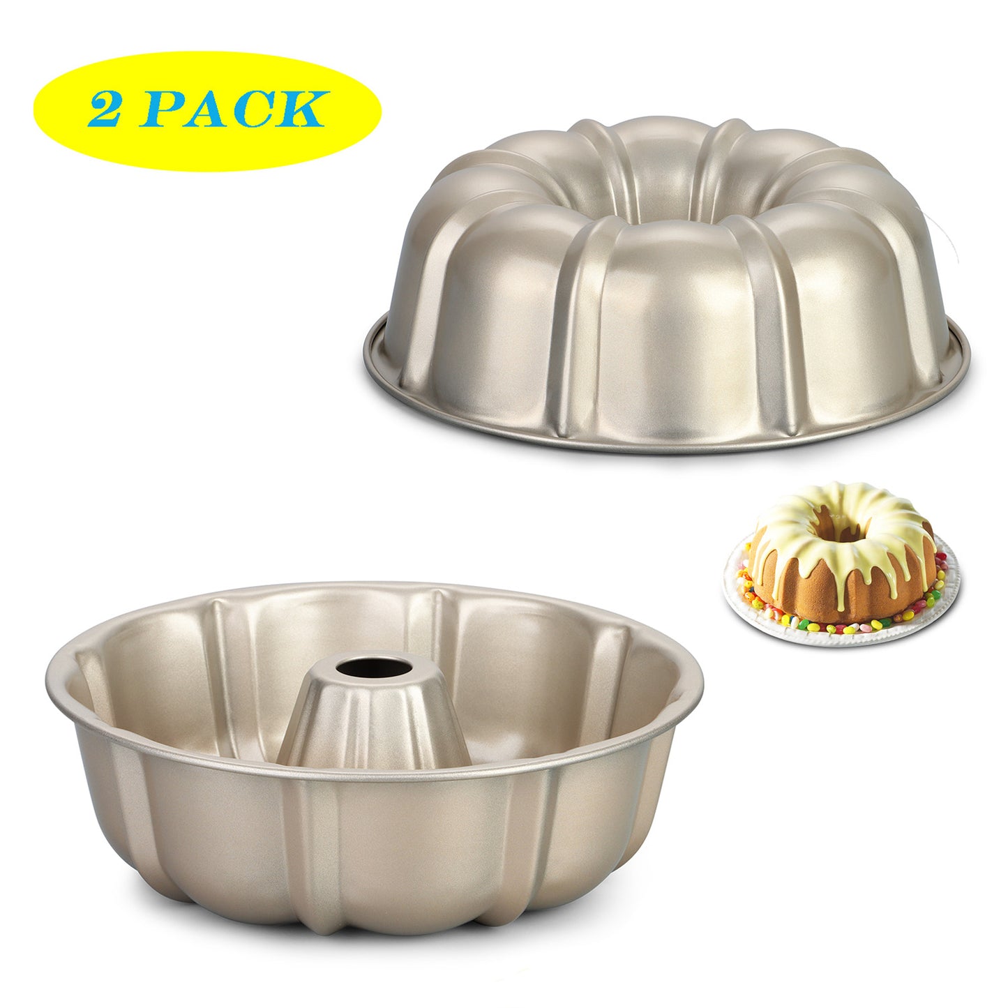 Vesteel 2 Pack Bundt Cake Pan, 10" Nonstick Fluted Cake Pans for Baking, 10 Cups Heavy Duty Carbon Steel Tube Round Cake Mold for Brownie, Pumpkin Bread, Durable & Easy Release, Gold
