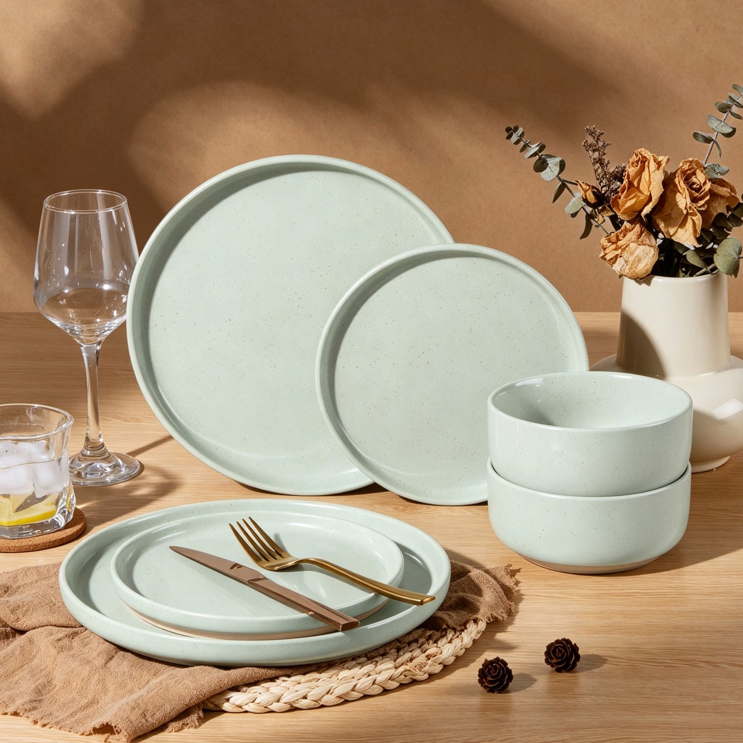 Vesteel Stoneware Dinnerware Sets for 2, 6 Pieces Ceramic Plates and Bowls Sets, Elegant Dishes with Rustic Terracotta Base, Dishwasher & Microwave Safe, Scratch Resistant, Light Green