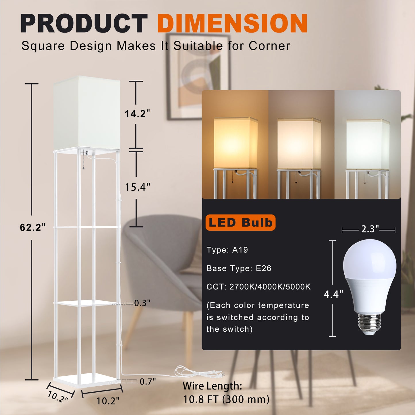 Vesteel Floor Lamp for Living Room, Standing Lamp with 3 Color Adjustable LED Bulb, Modern Square Lamp with 3-Tier Shelves for Bedroom Office Kid Room